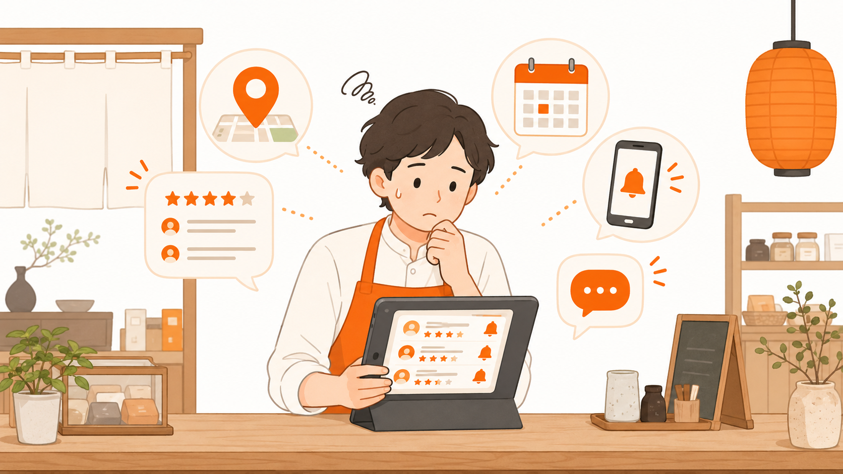 忙しい店舗スタッフがGoogleマップの口コミ返信・GBP更新に追われているシーンのイメージ